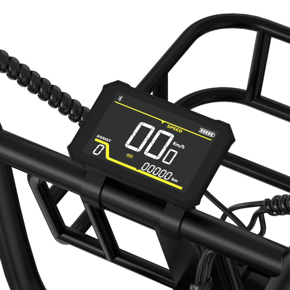 Digital speedometer on a black bike frame with visible brand logo.